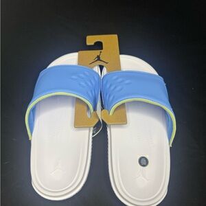 Jordan Blue and White Slide Sandals with Lime Trim